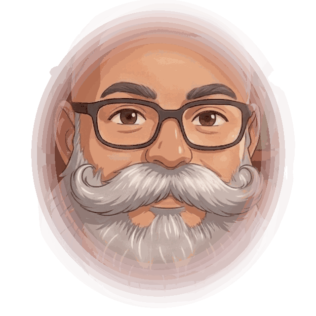 Illustrated portrait of Santa K, who welcomes you to the North Pole.